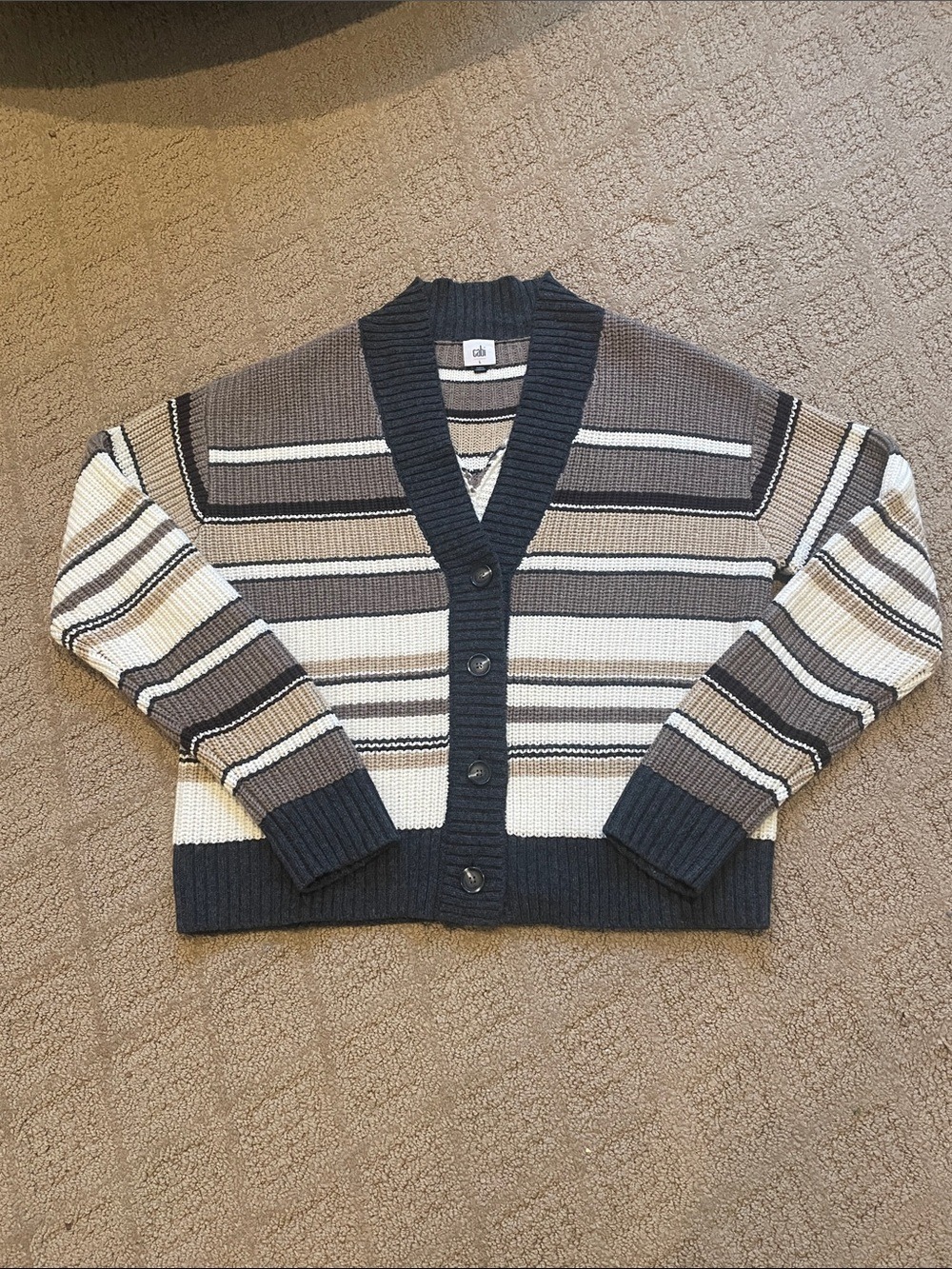 CAbi Striped V‑Neck Cardigan in Cream & Taupe